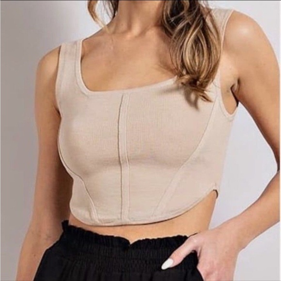 House of Harlow Revolve Sculpt Knit Corset Tank Top Khaki Tan Neck - Picture 1 of 6